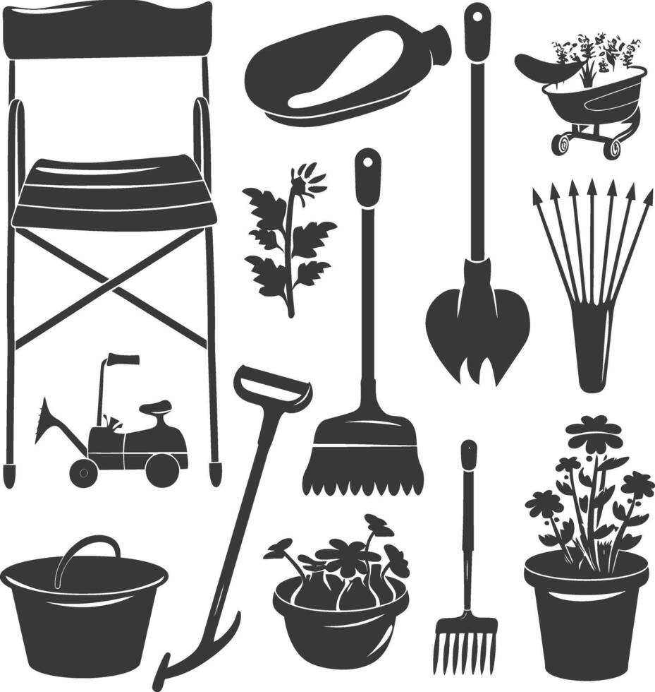 Silhouette gardening equipment black color only vector