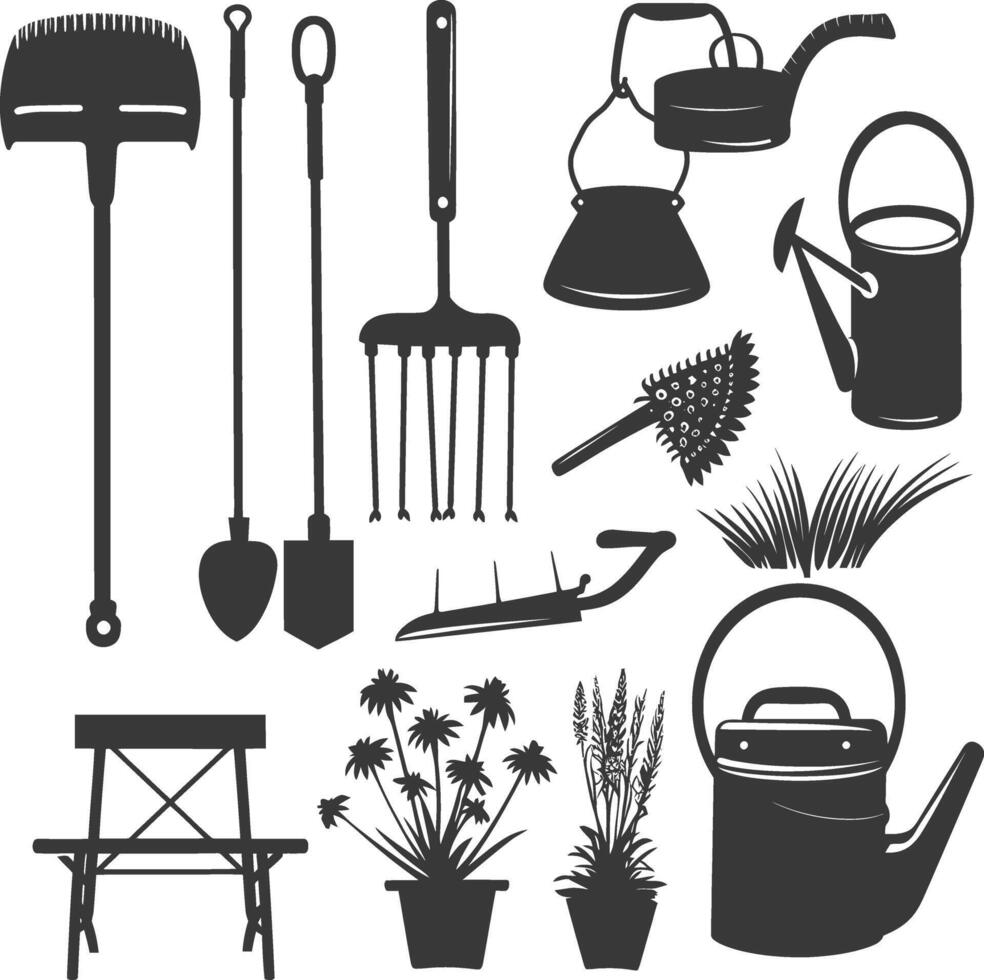 Silhouette gardening equipment black color only vector