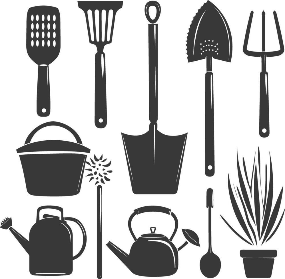 Silhouette gardening equipment black color only vector