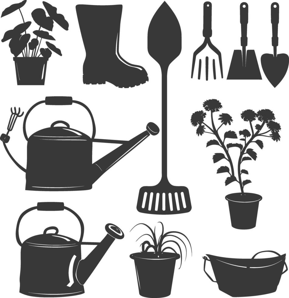 Silhouette gardening equipment black color only vector