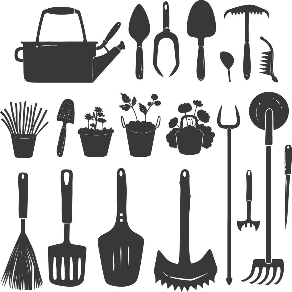 Silhouette gardening equipment black color only vector