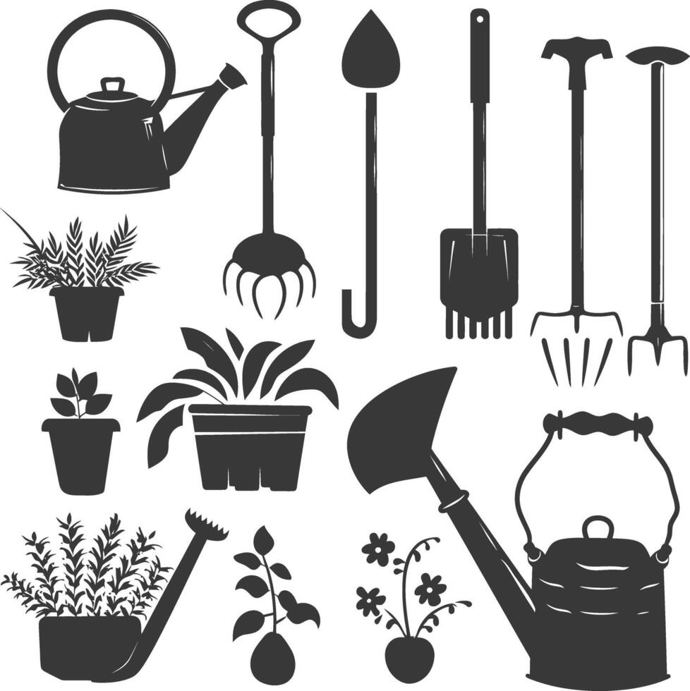 Silhouette gardening equipment black color only vector