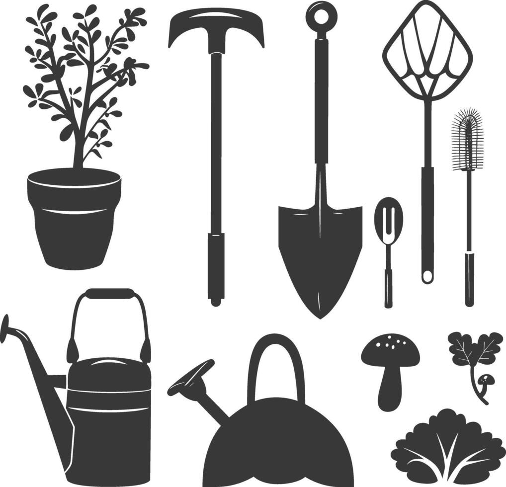 silueta jardinería equipo negro color solamente vector