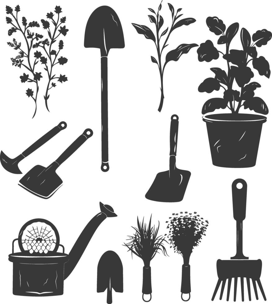 Silhouette gardening equipment black color only vector