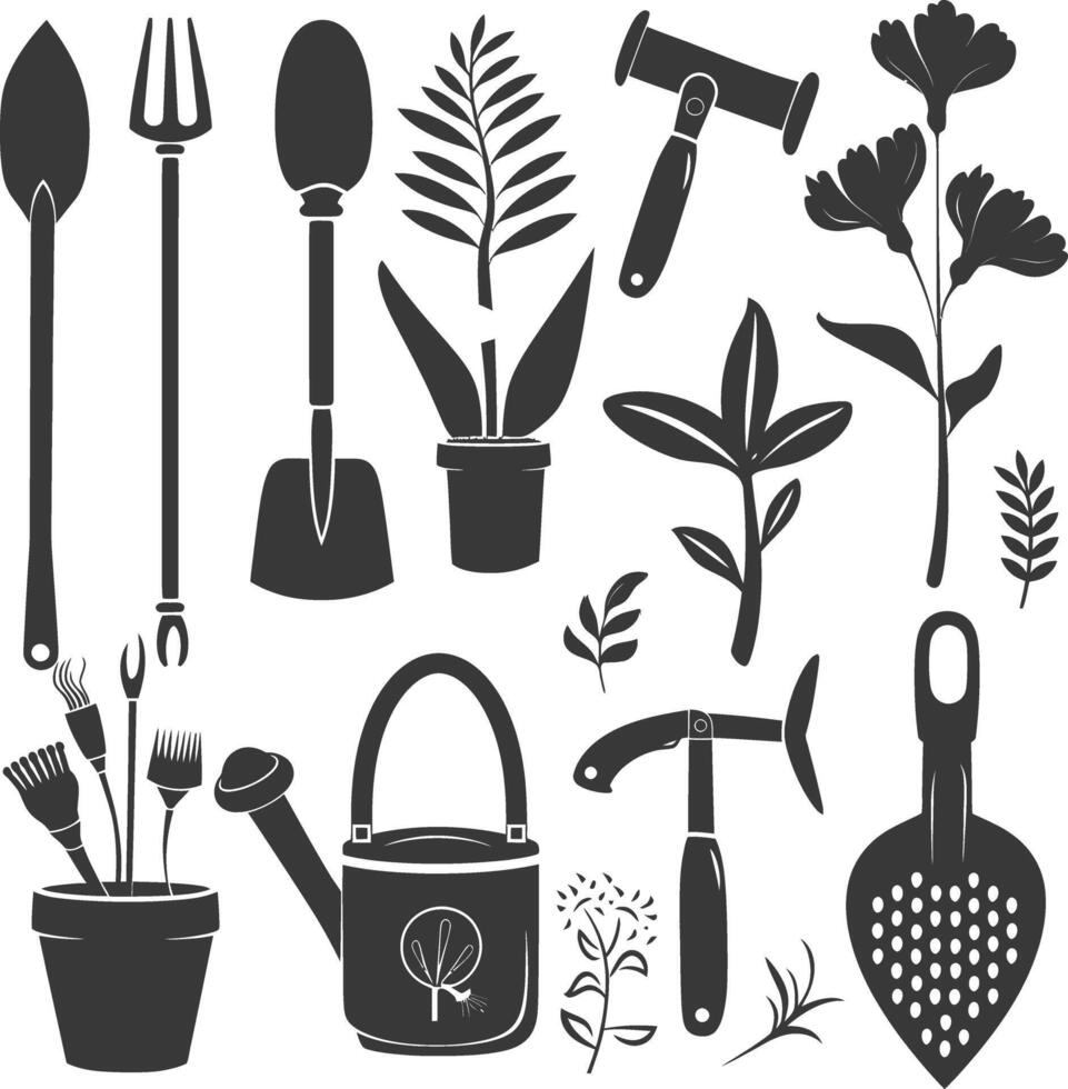 Silhouette gardening equipment black color only vector