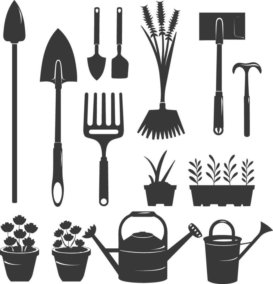 Silhouette gardening equipment black color only vector