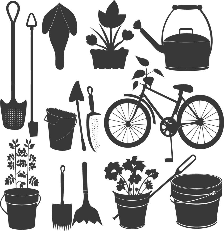 Silhouette gardening equipment black color only vector