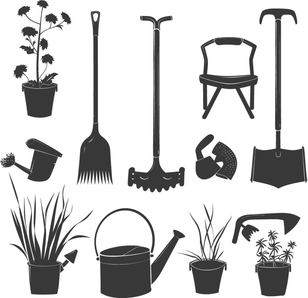 silueta jardinería equipo negro color solamente vector