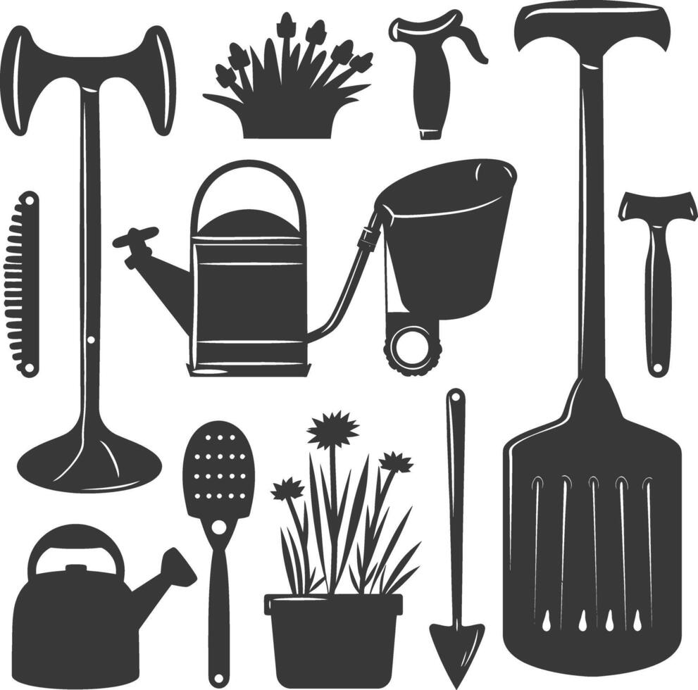 Silhouette gardening equipment black color only vector