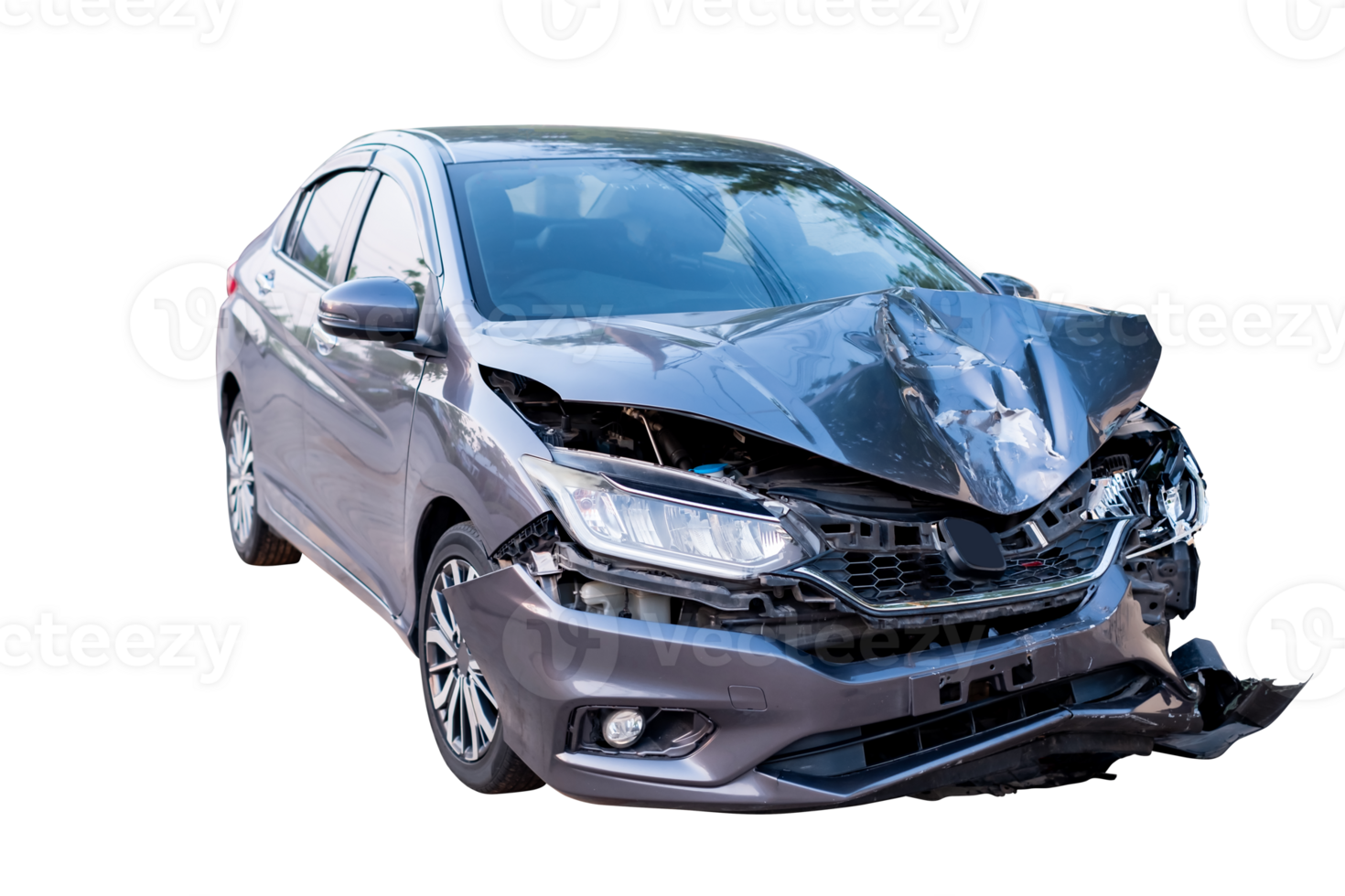 Car crash, Front and side of modern black car get damaged by accident on the road. damaged cars after collision. isolated on transparent background, File png