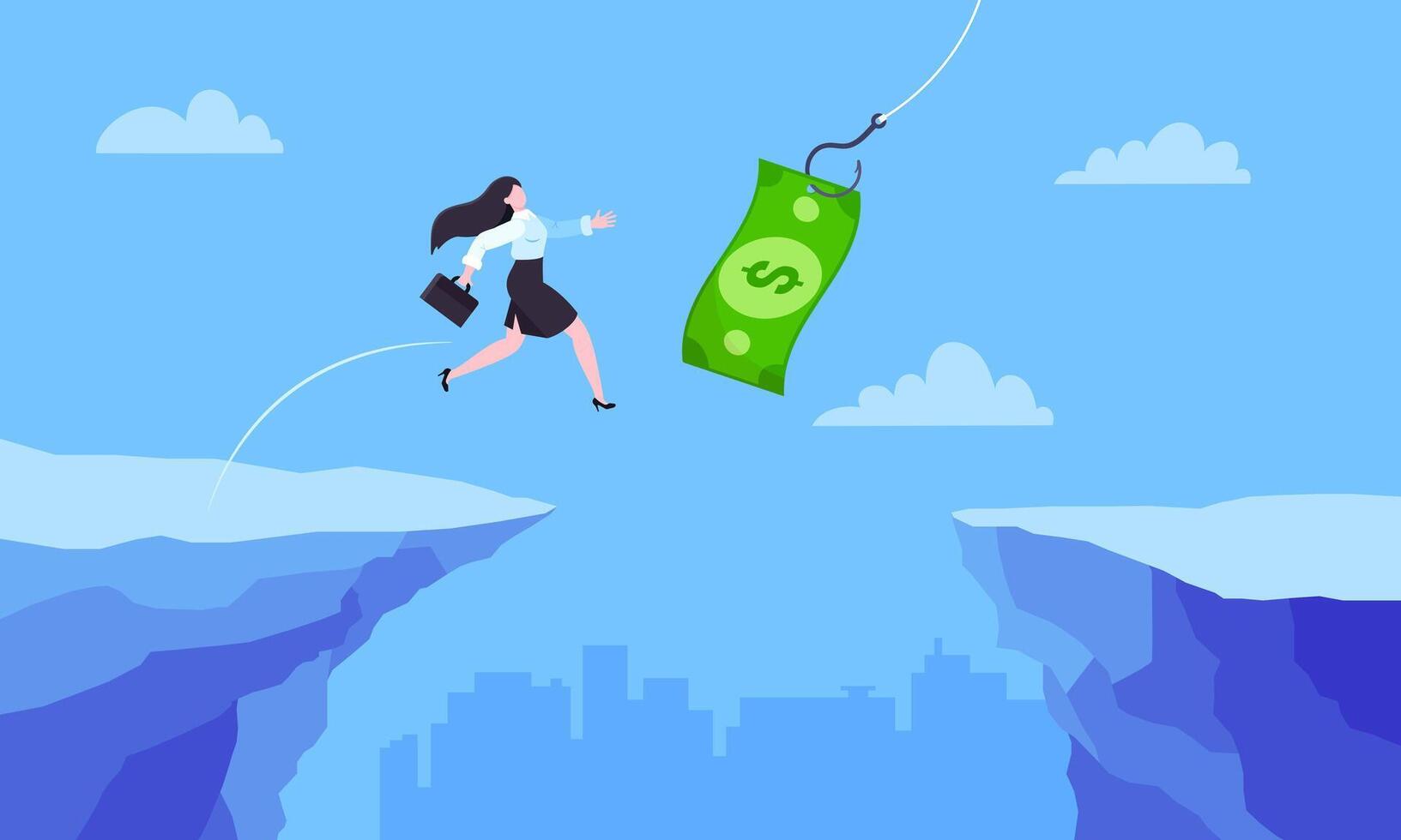 Fishing money chase business concept with businesswoman running after dangling dollar jumps over the cliff. vector