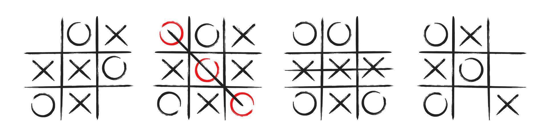 Tic tac toe xo game hand drawn grid doodle template illustration set isolated on white background vector
