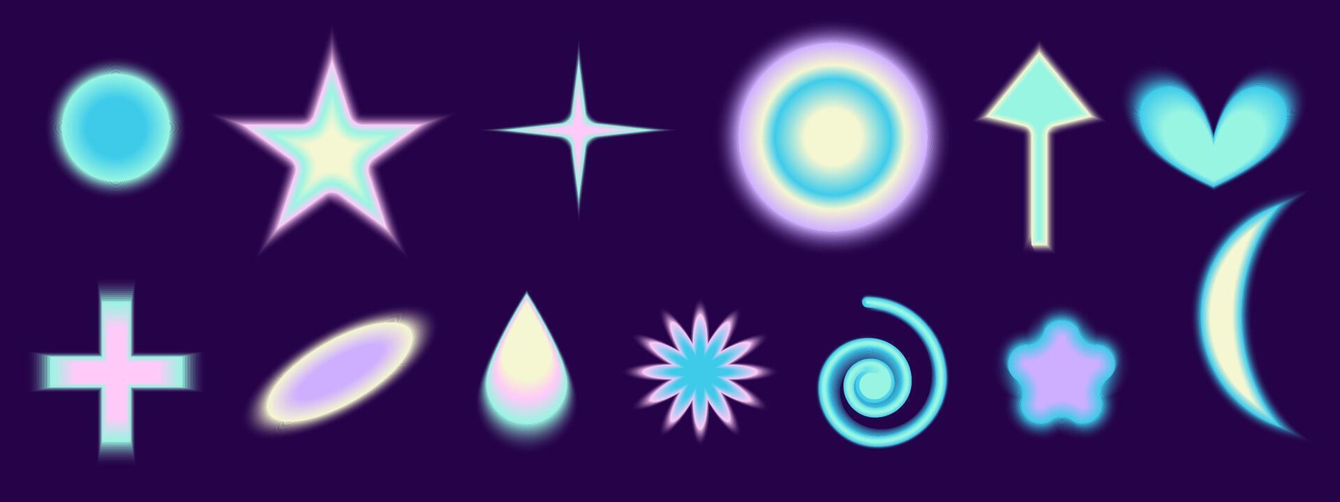 Gradient Y2k shape blur set. Flower, star, heart blurry aesthetic y2k. pastel form illustration. Aura gradient shape vector