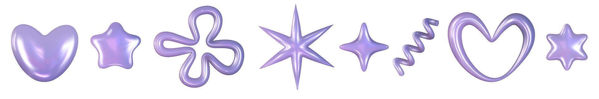 3d y2k Chrome holographic glossy element set. Abstract shape chrome metal render. Y2K form shiny purple holo light. illustration 3d render. vector
