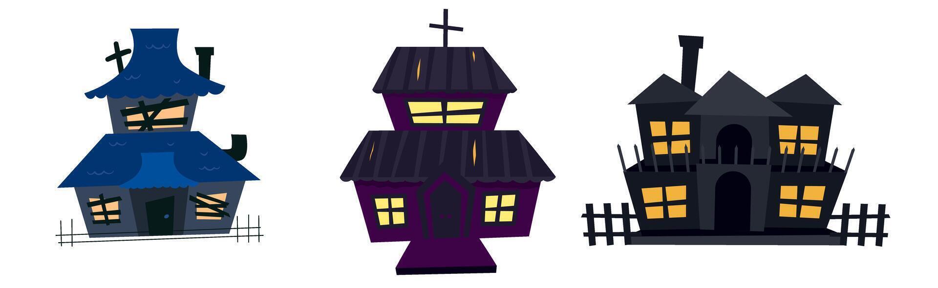 Creepy haunted house for halloween. A scary castle with windows and a roof. Old dark ruined building for ghosts. Flat illustration vector