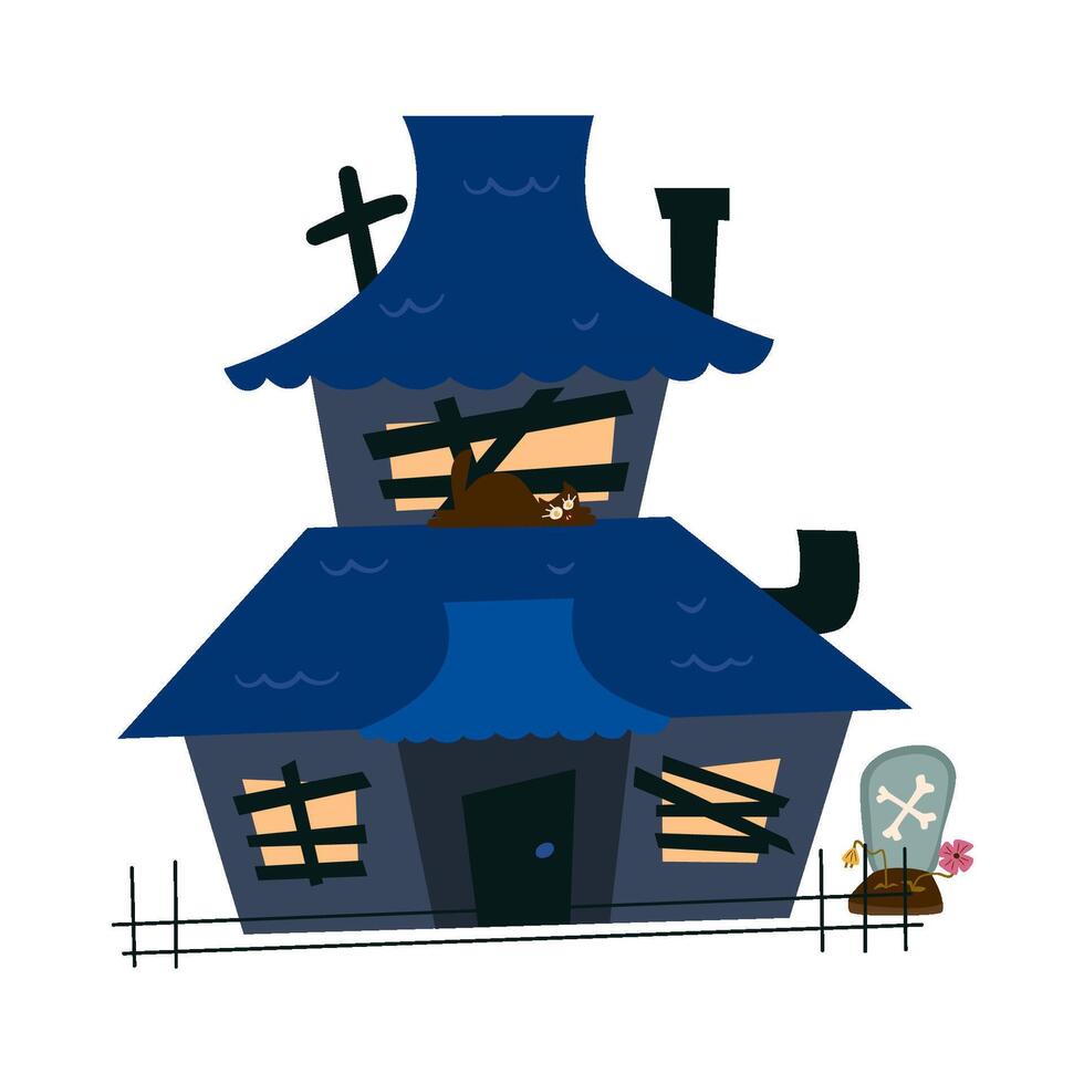 Creepy haunted house for halloween. A scary castle with windows and a roof. Old dark ruined building for ghosts. Flat illustration vector