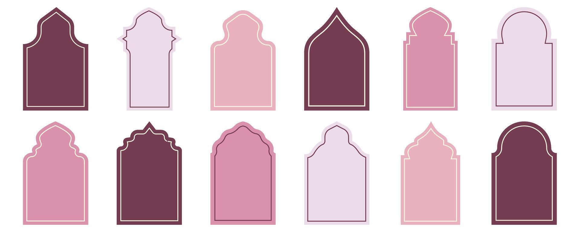Shape Ramadan Window frame set. Arabic ramadan arches islamic ornament. Oriental architecture shape windows and doors. Flat illustration vector