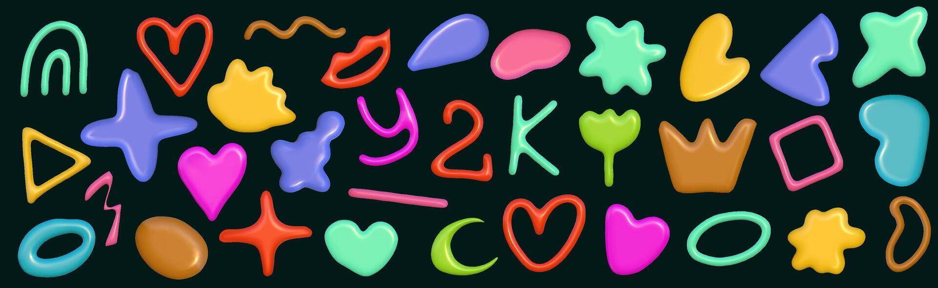 3d abstract y2k element set. Plastic colorful playful doodle shape. 3d render. vector