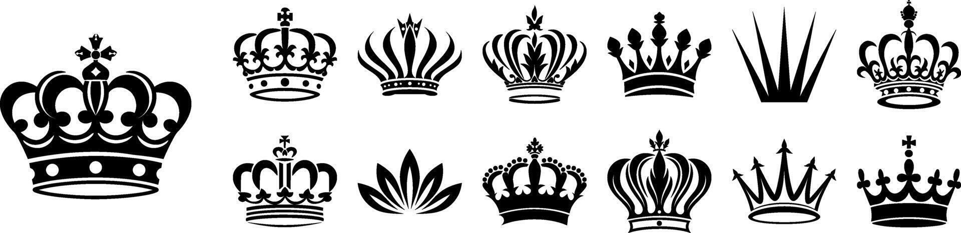 Crown icon set. Crown sign collection. Crown king or queen mega icon set. Royal crown symbol. Heraldic flat black silhouettes isolated on white background. Royal head accessories, hat emblem vector