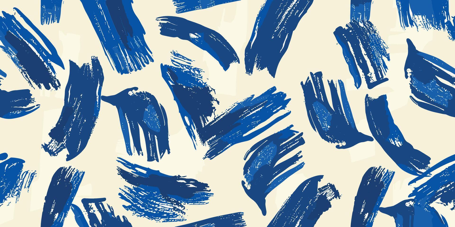 Seamless pattern with abstract brush stroke painting illustration. Modern paint line background in blue color. Messy graffiti sketch wallpaper print, rough hand drawn texture, Wavy and swirled vector