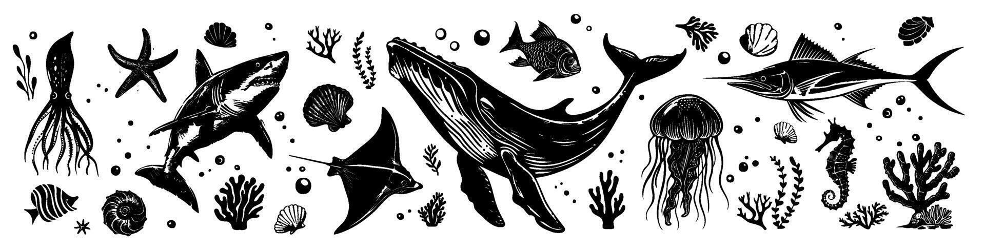 Ocean animal linocut set, whale grunge print, woodcut stamp, wild sea mammal silhouette. Summer marine retro collection, hand drawn underwater shark, coral, stingray. Ocean animal illustration vector