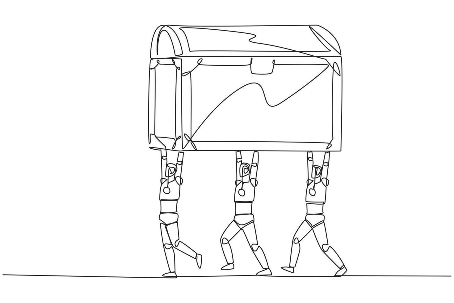 Single continuous line drawing group of robots work together carrying treasure chest. Detect profitable objects. Robots generate maximum profits. Future technology. One line design illustration vector