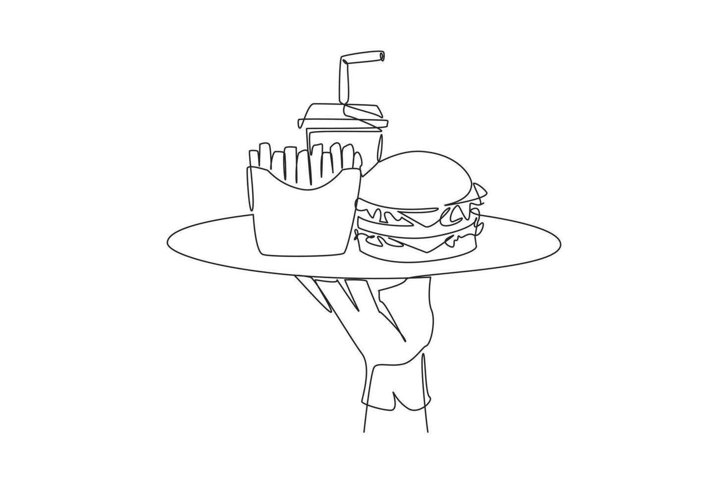 Continuous one line drawing waiter holds food tray serving french fries soft drinks and burger. Fast food. It is not good for body if consumed too often. Single line draw design illustration vector