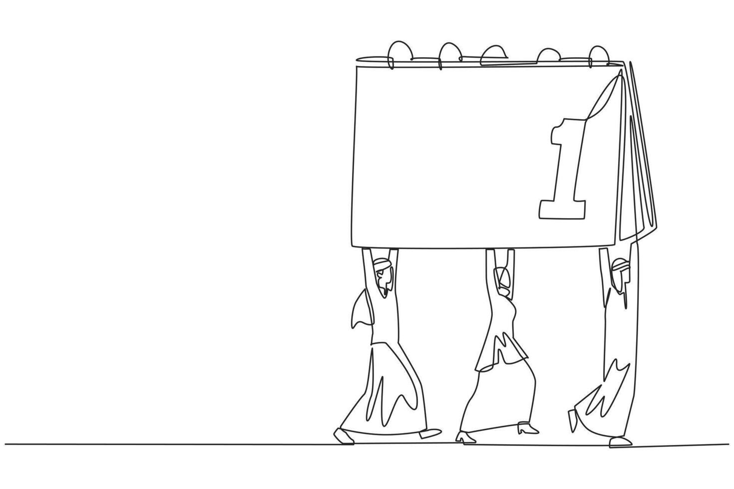 Single one line drawing group of Arab businessmen and Arab businesswomen work together carrying a desk calendar. Work hard together to complete the target. Continuous line design graphic illustration vector