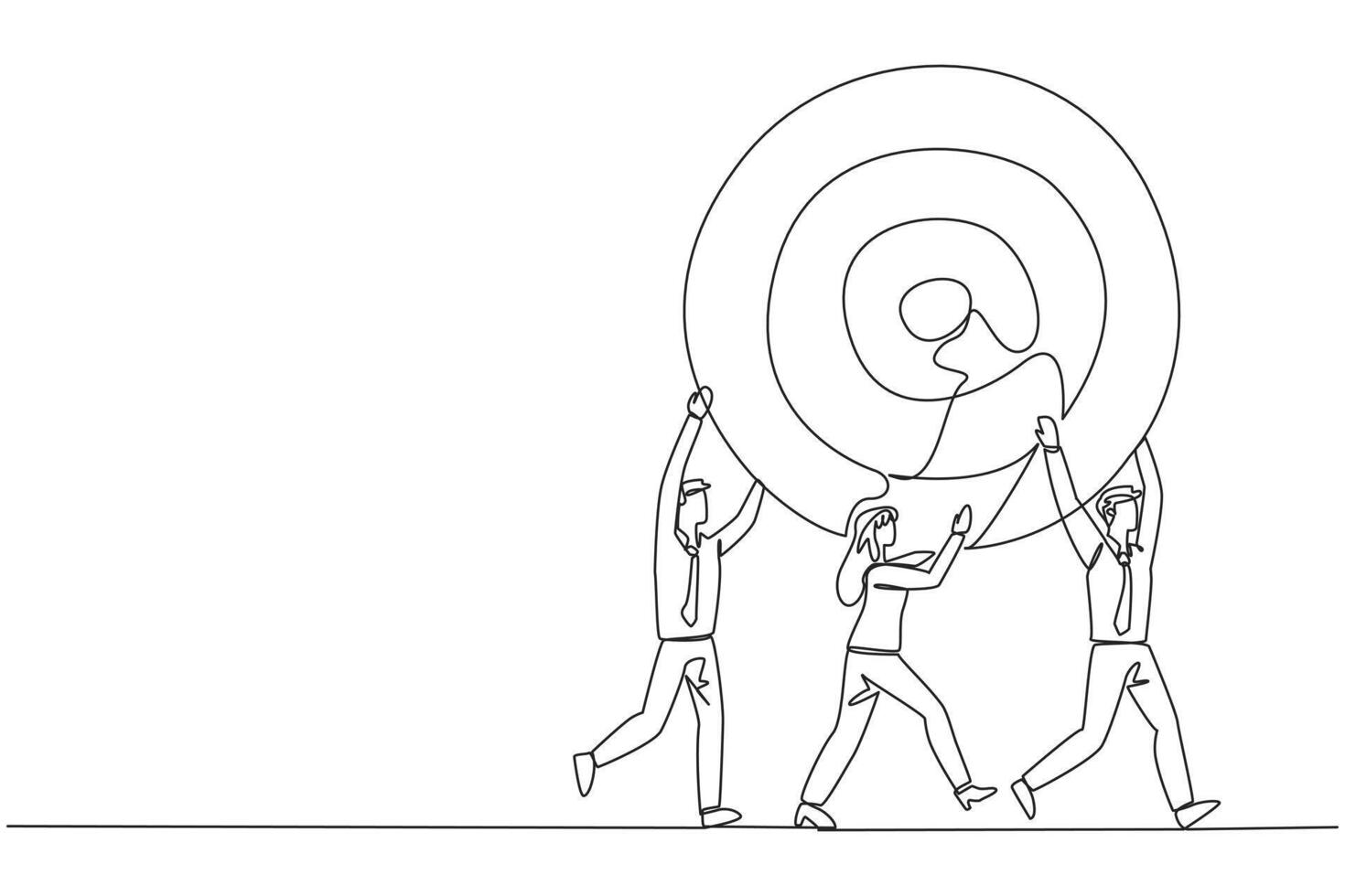 Single one line drawing group of businessmen and businesswomen work together carrying arrow target board. Maintain cohesiveness. Achieve the stated targets. Continuous line design graphic illustration vector