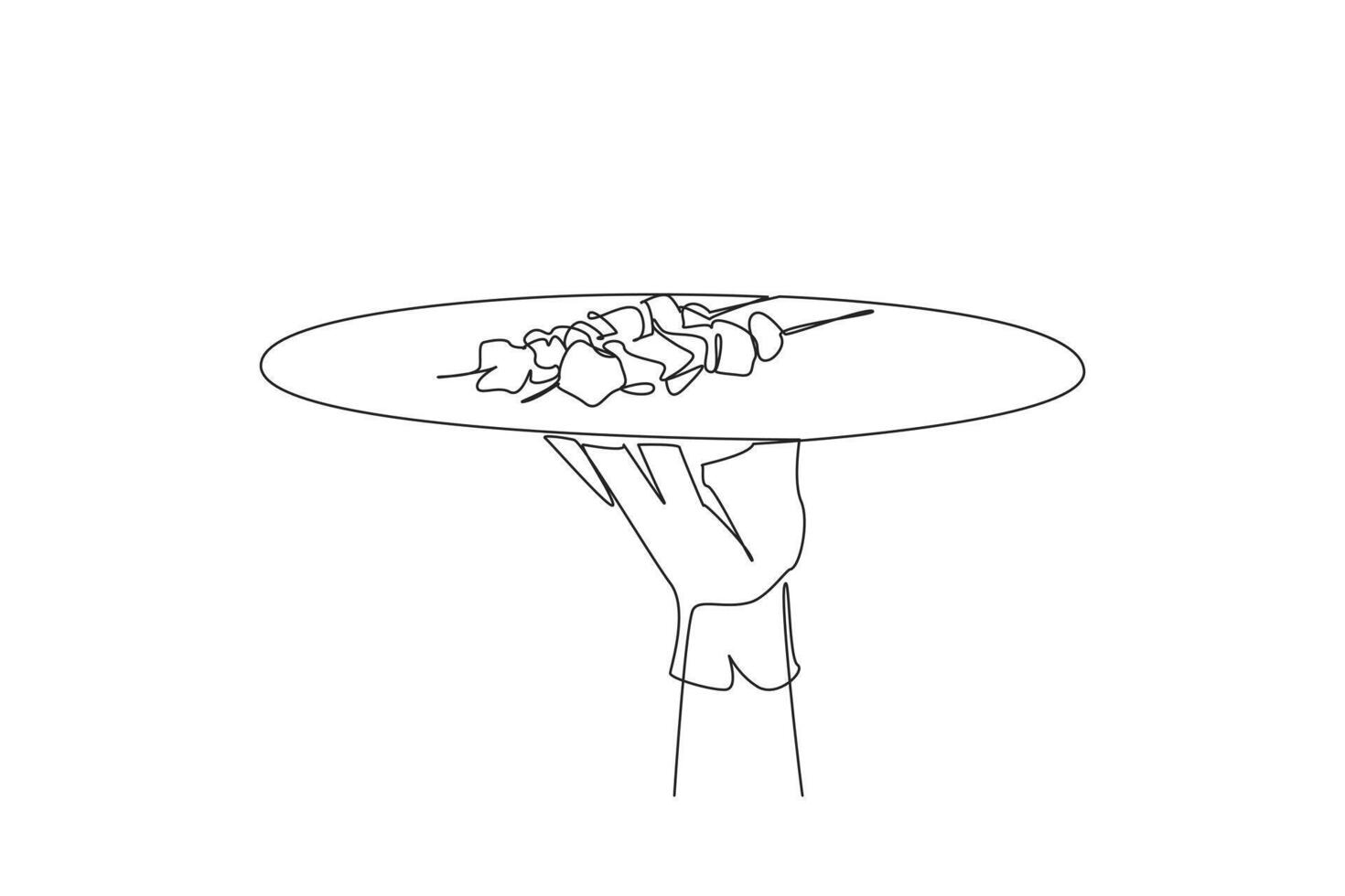 Continuous one line drawing the waiter holds food tray serving kebabs. Traditional Turkish food. Generally use lamb. Grilled meat. Beef. Delicious. Skewer. Single line draw design illustration vector