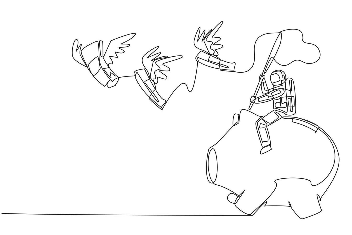 Continuous one line drawing astronaut riding piggy bank catching flying banknotes. Hit by financial crisis. Investors do various things. Space expeditions. Single line draw design illustration vector