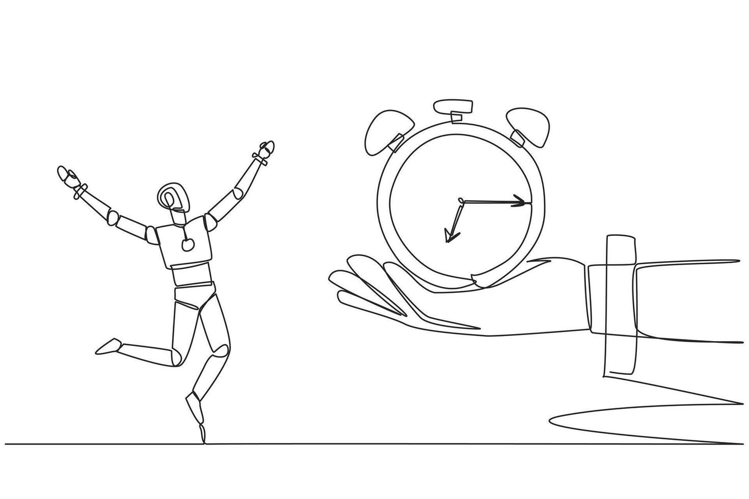 Single one line drawing a robot excited to get alarm clock from the giant hand. Multitasking robot. Able to work quickly and precisely. Future technology. Continuous line design graphic illustration vector