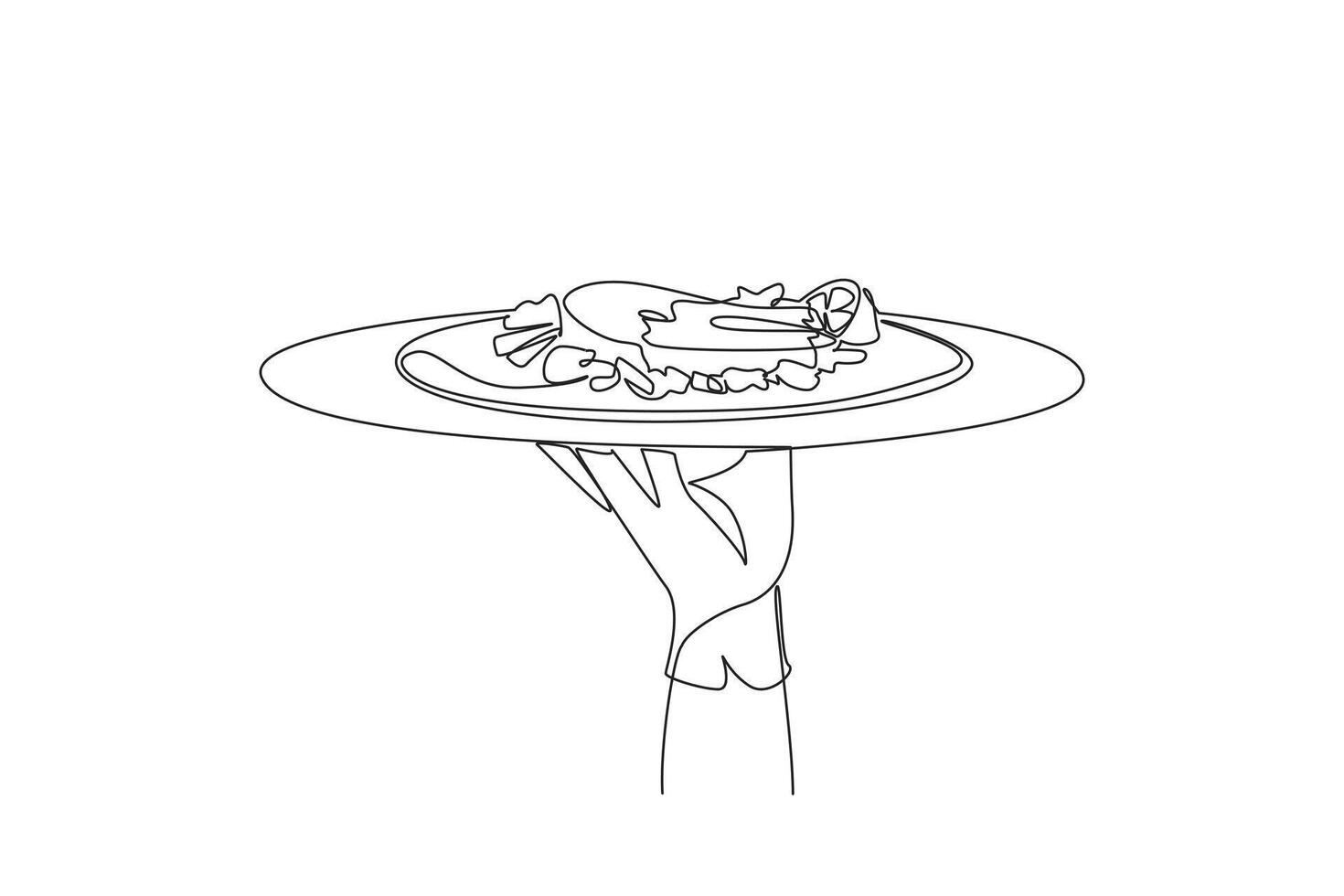 Single continuous line drawing waiter holds food tray serving baked salmon. Healthy fillet meat. Contains lots of nutrients. High in protein. Healthy food for body. One line design illustration vector