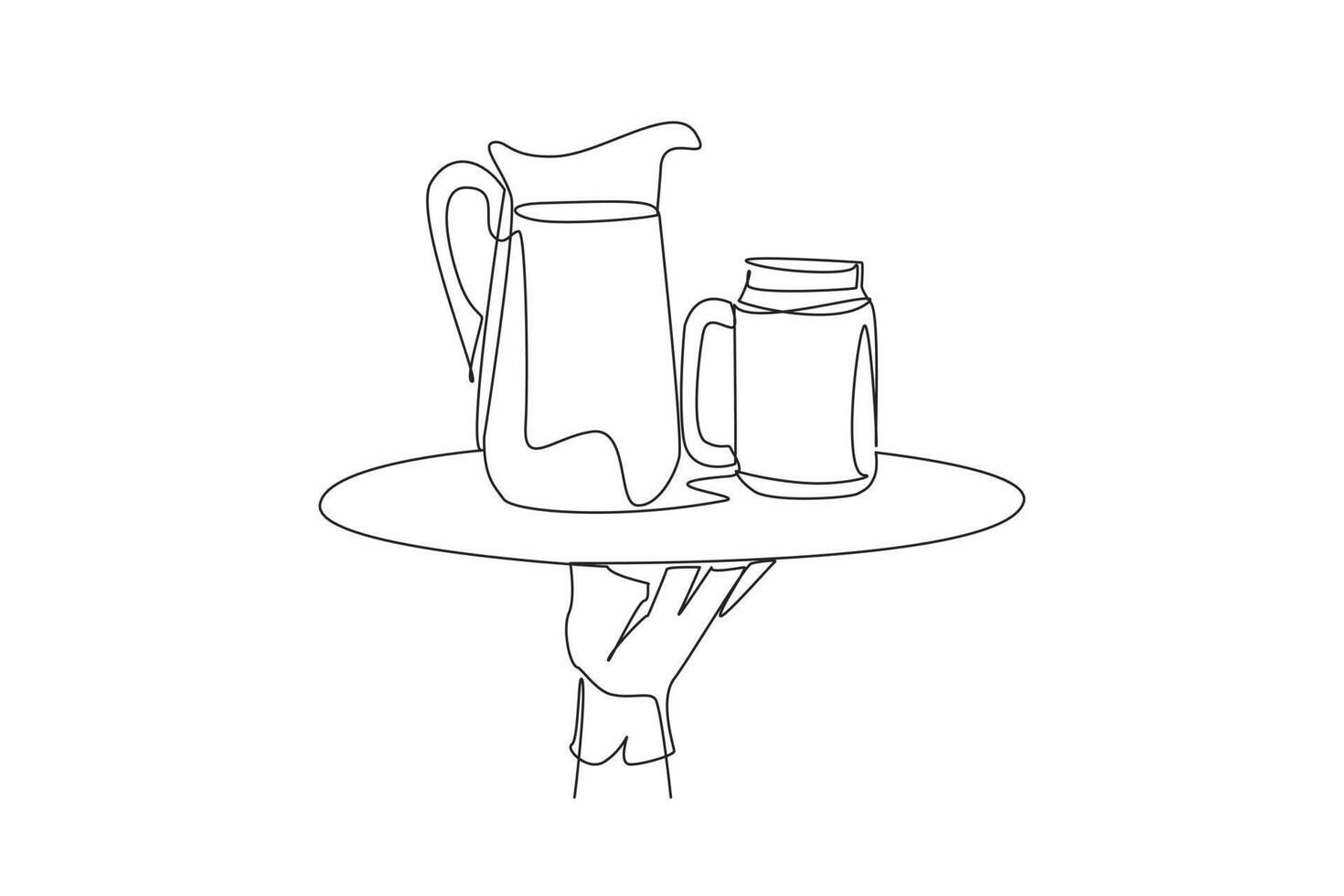 Continuous one line drawing the waiter holds food tray serving glass of lemonade and pitcher. More delicious to enjoy in summer. Refreshing drink. Healthy. Single line draw design illustration vector