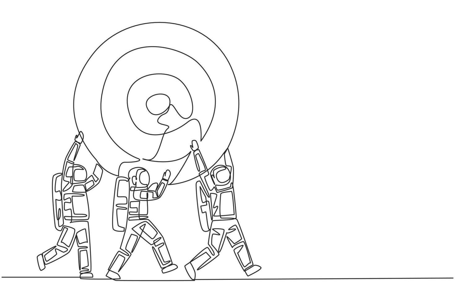 Continuous one line drawing group of astronauts work together carrying arrow target board. Focus on achieving successful space expedition mission. Spaceman. Single line draw design illustration vector