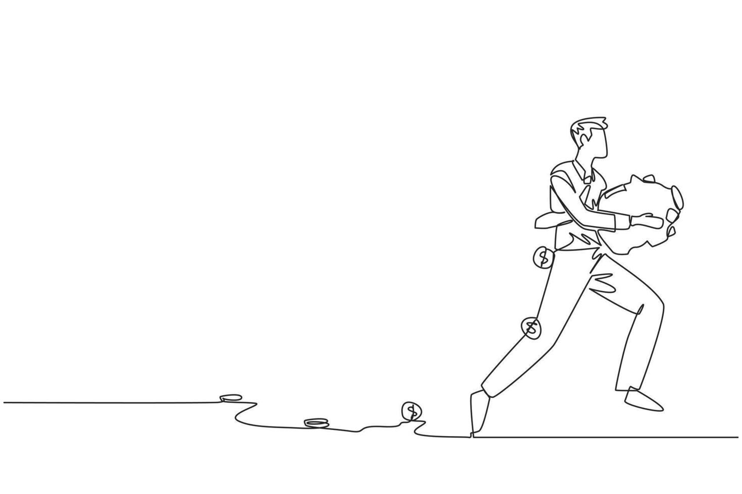 Single one line drawing businessman running while carrying a piggy bank with coins scattered around. Run to save company assets. Must always be profitable. Continuous line design graphic illustration vector