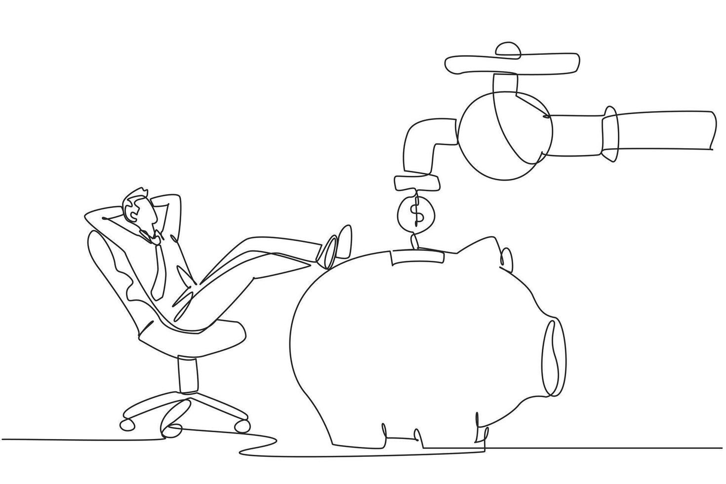 Single continuous line drawing businessman sit relax on chair to see money faucet flow into savings piggy bank. Passive income. Guarantee of always making a profit. One line design illustration vector