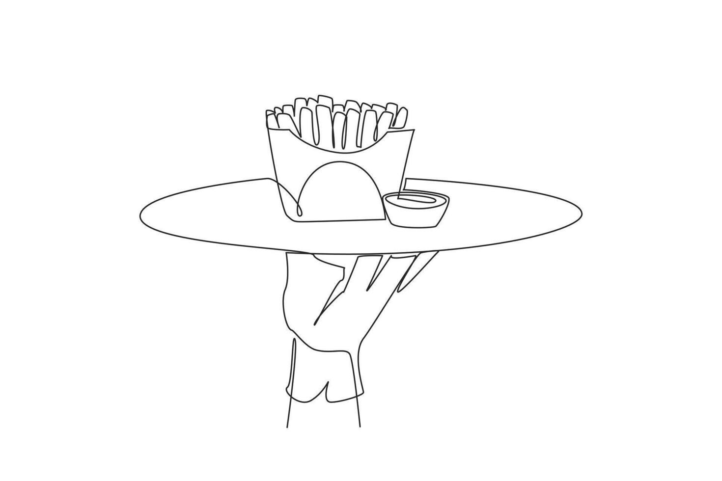 Single one line drawing the waiter holds a food tray serving french fries. A dish made from shredded potatoes. Snack. Complementary food to the main menu. Continuous line design graphic illustration vector