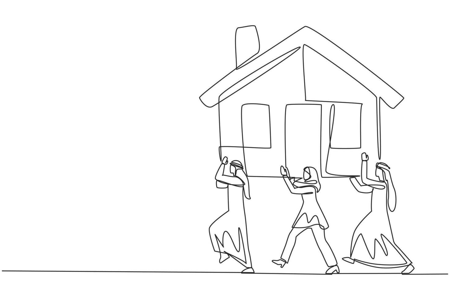 Single one line drawing group of Arab businessmen and Arab businesswomen work together carry miniature house. Profitable property investment in the future. Continuous line design graphic illustration vector