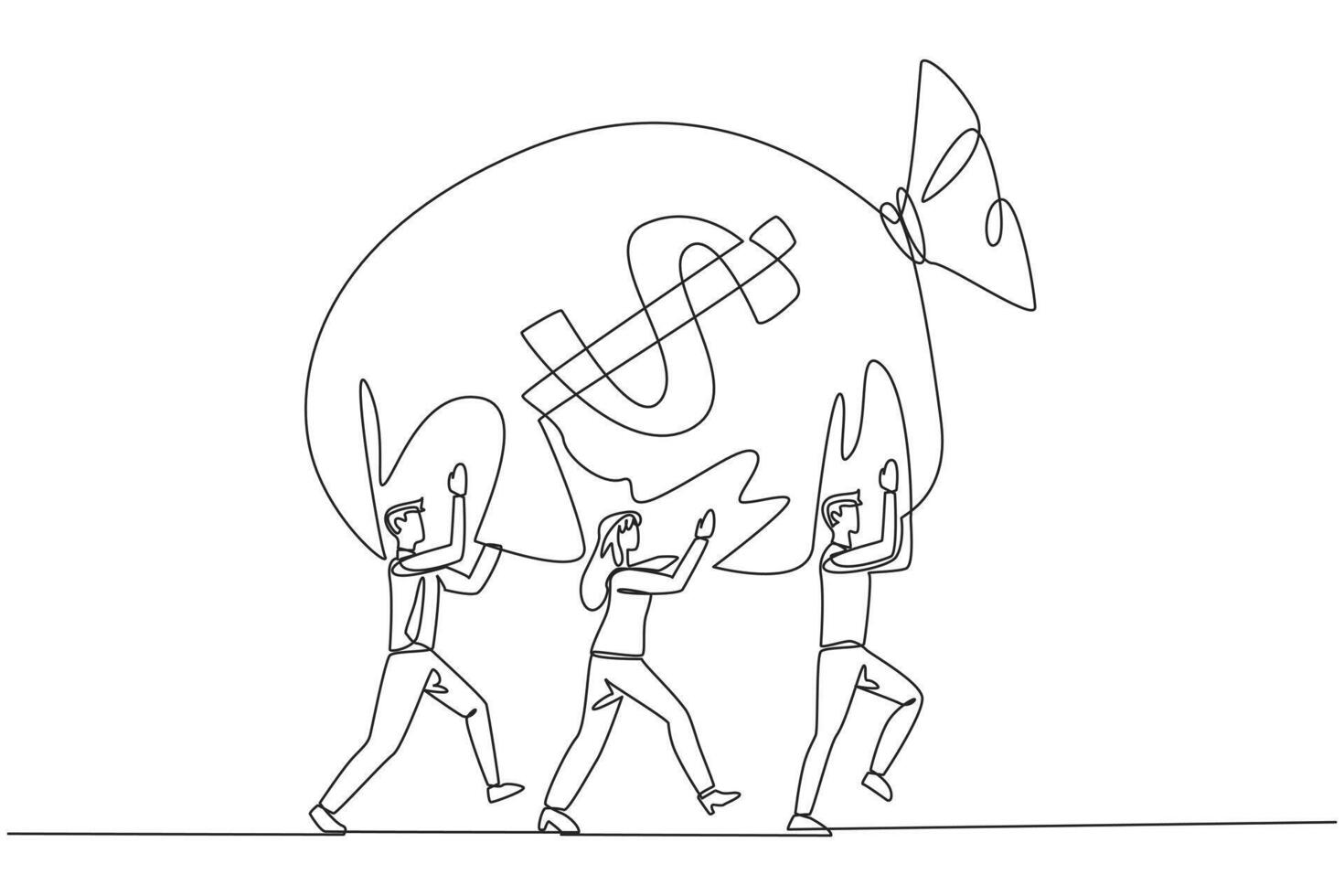 Continuous one line drawing a group of businessmen and businesswomen work together to carrying money bag. Big profits are shared equally. Fair. Encourager. Single line draw design illustration vector