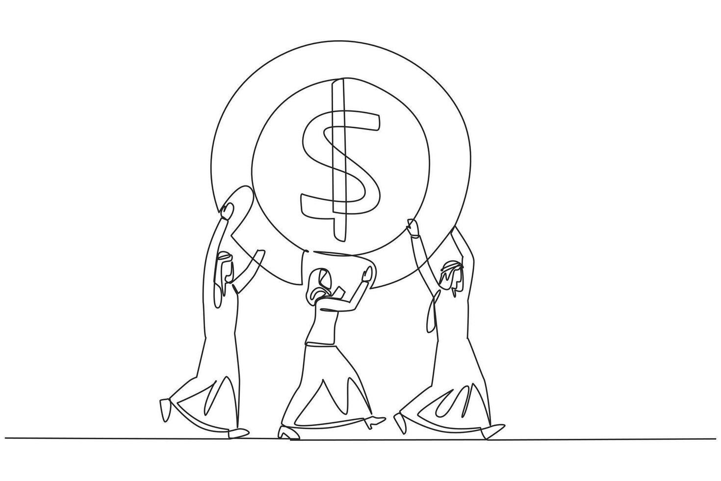 Single continuous line drawing group of Arab businessmen and Arab businesswomen work together carry a dollar symbol coin. Small capital for large profits. Success. One line design illustration vector