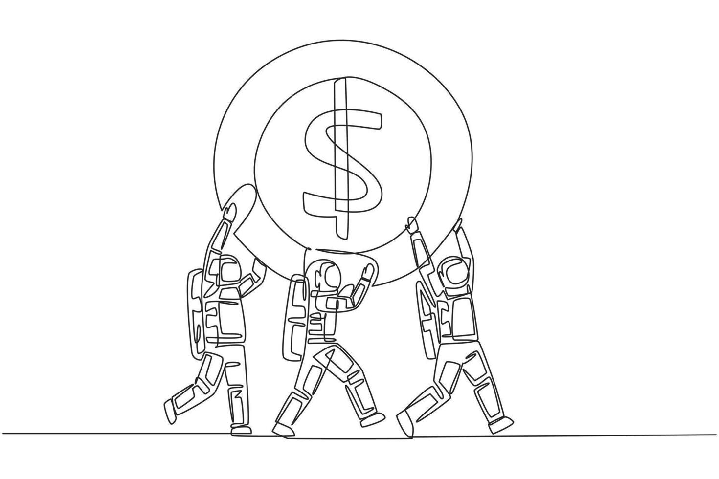 Single continuous line drawing group of astronauts work together carrying a dollar symbol coin. A fruitful expedition. Savings for the next expedition. Spaceman. One line design illustration vector