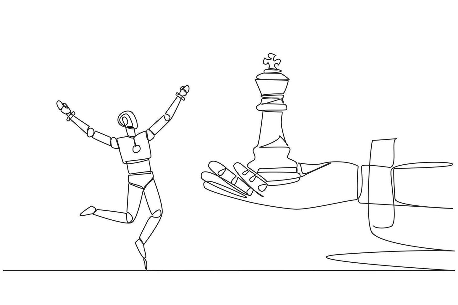 Continuous one line drawing a robot excited to get king's chess piece from giant hand. Get the best support system to become a reliable robot. Future tech. Single line draw design illustration vector