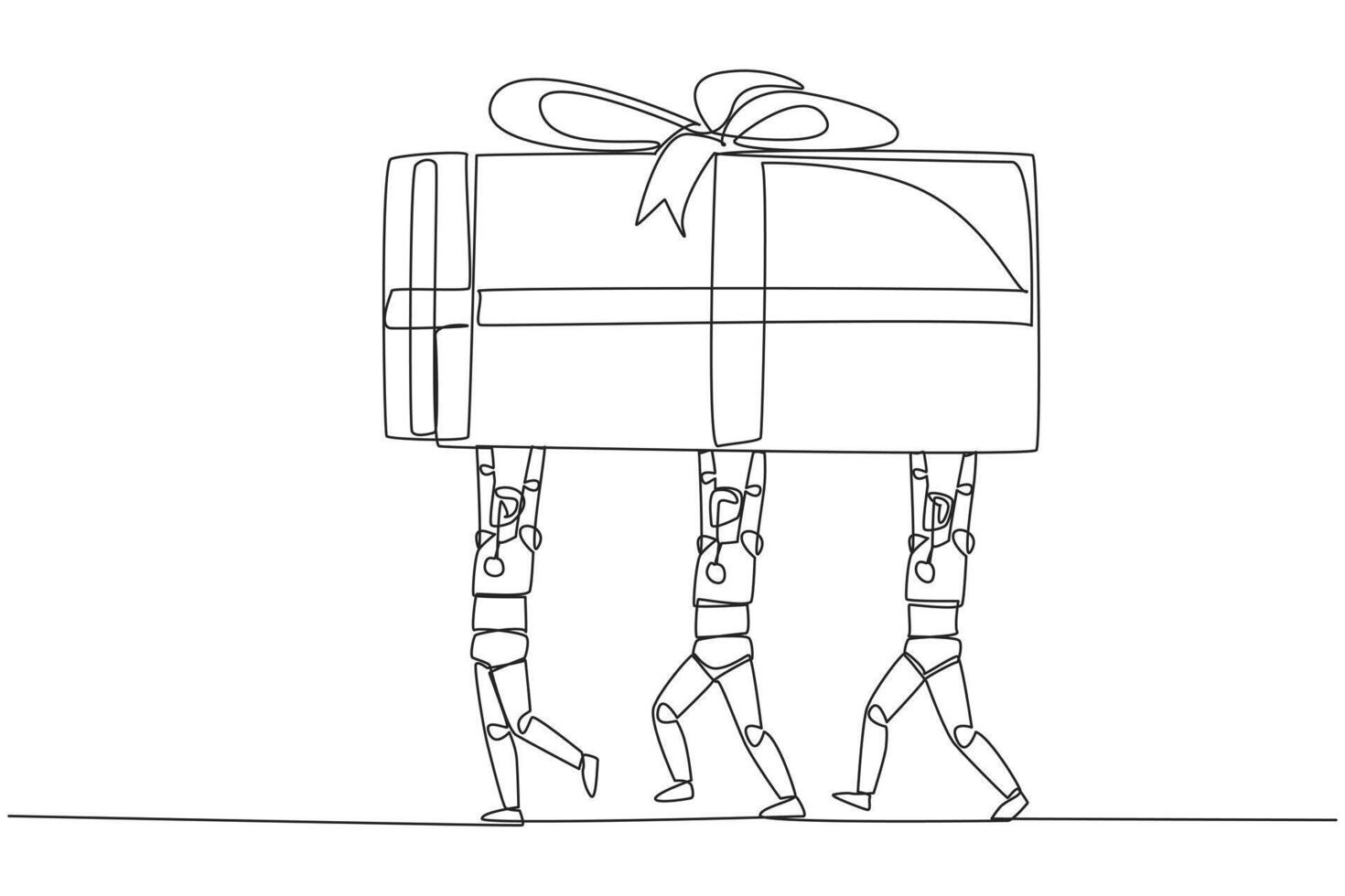 Continuous one line drawing group of robots work together to carrying gift box. The smartest robot. Successful artificial intelligence. Present. Technology. Single line draw design illustration vector