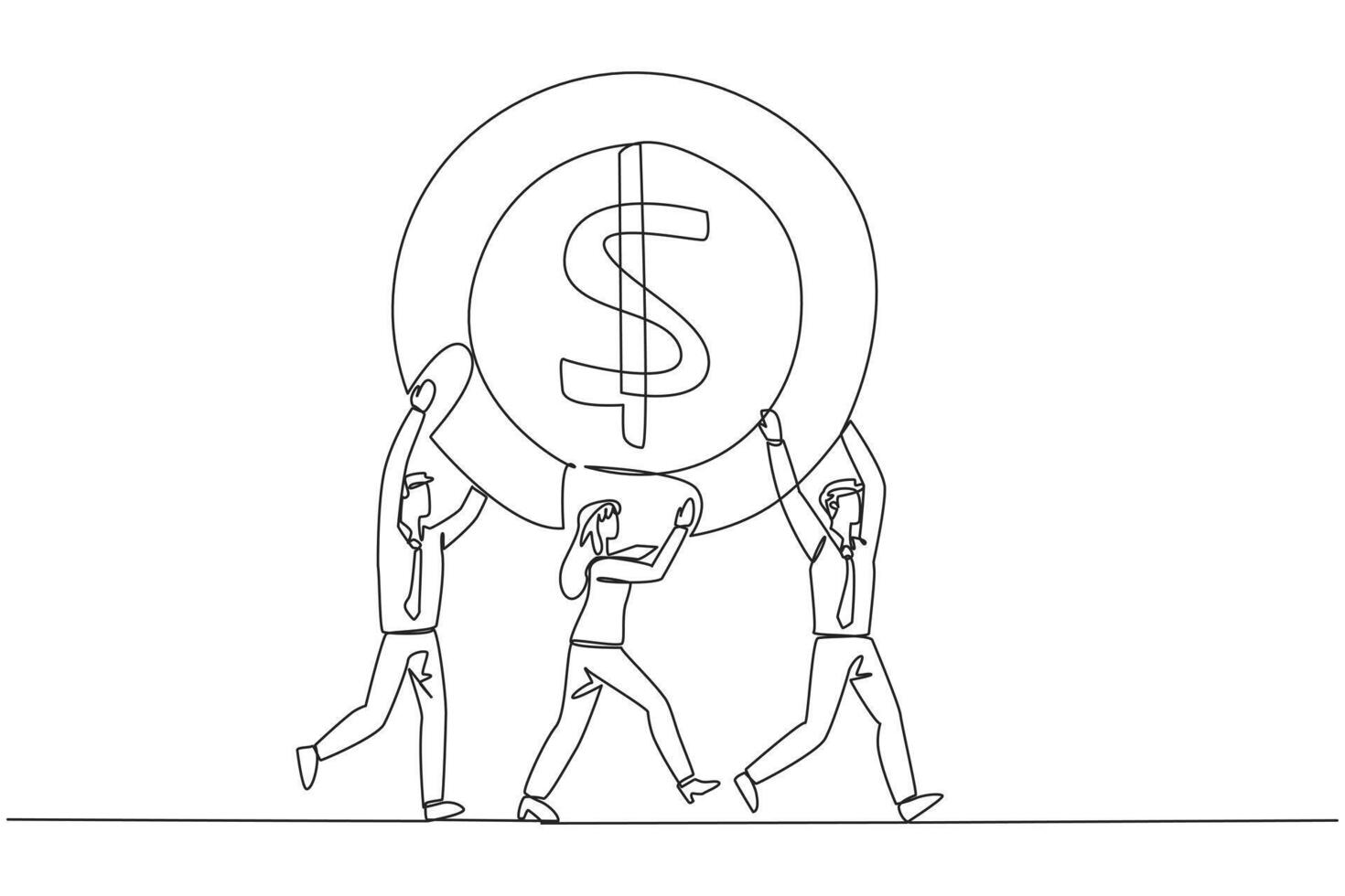 Single one line drawing group of businessmen and businesswomen work together carrying a dollar symbol coin. Cash. Bonus. Success. Amazing achievement. Continuous line design graphic illustration vector