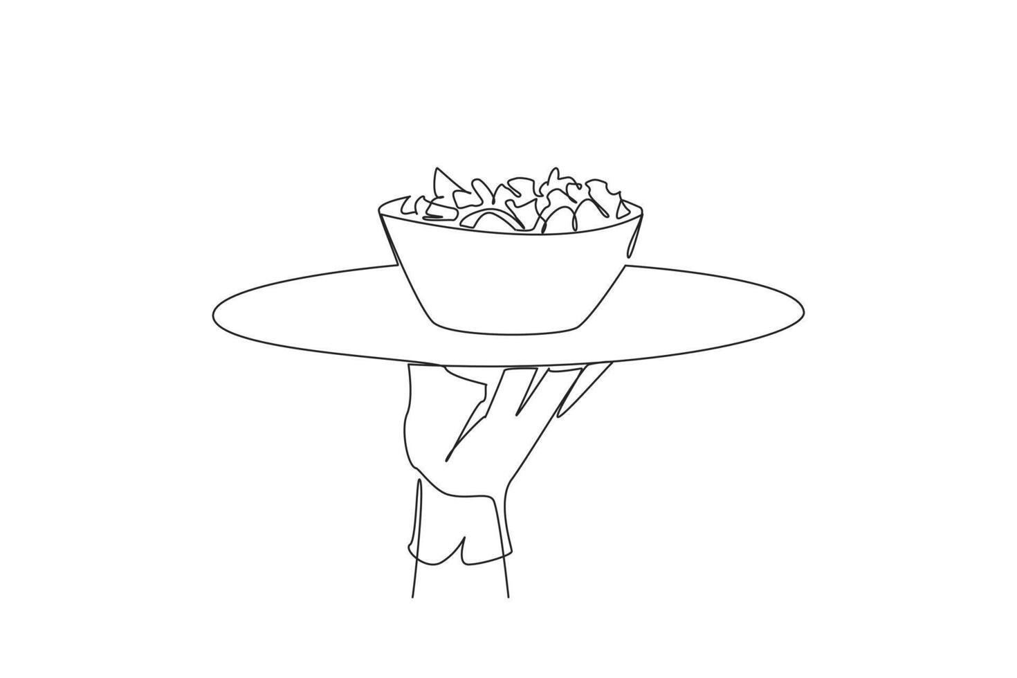Single continuous line drawing the waiter holds a food tray serving salad. Greek salad. Fresh fruit slices. Served on a bowl. Served cold is more delicious. Tasty. One line design illustration vector