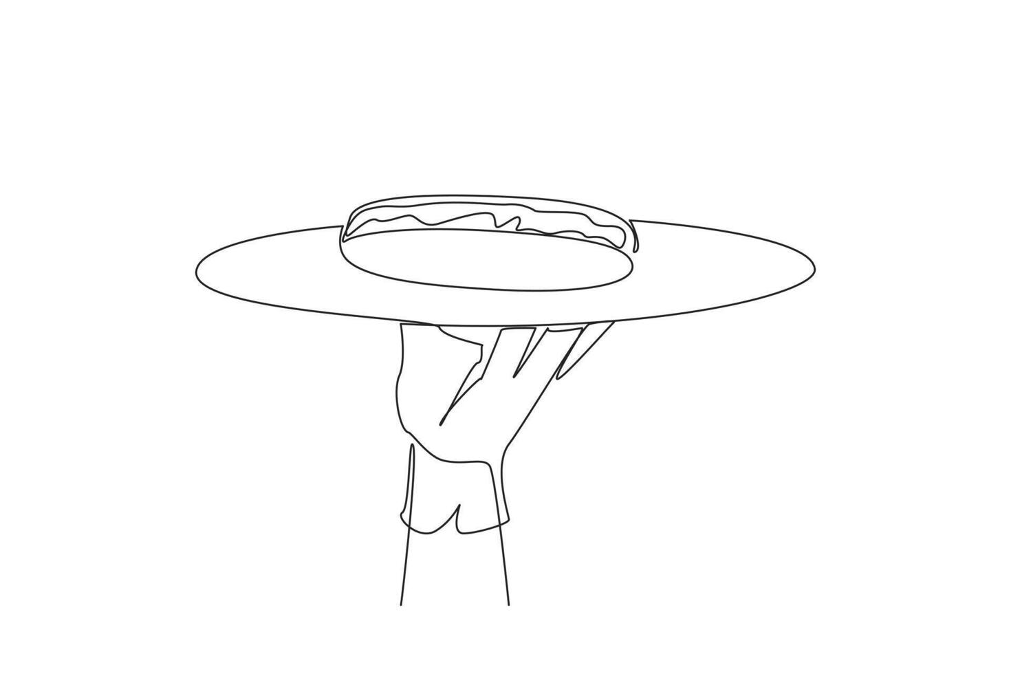 Single continuous line drawing the waiter holds food tray serving hot dog. Dish consisting of a grilled, steamed, or boiled sausage. American fast food. Junk food. One line design illustration vector