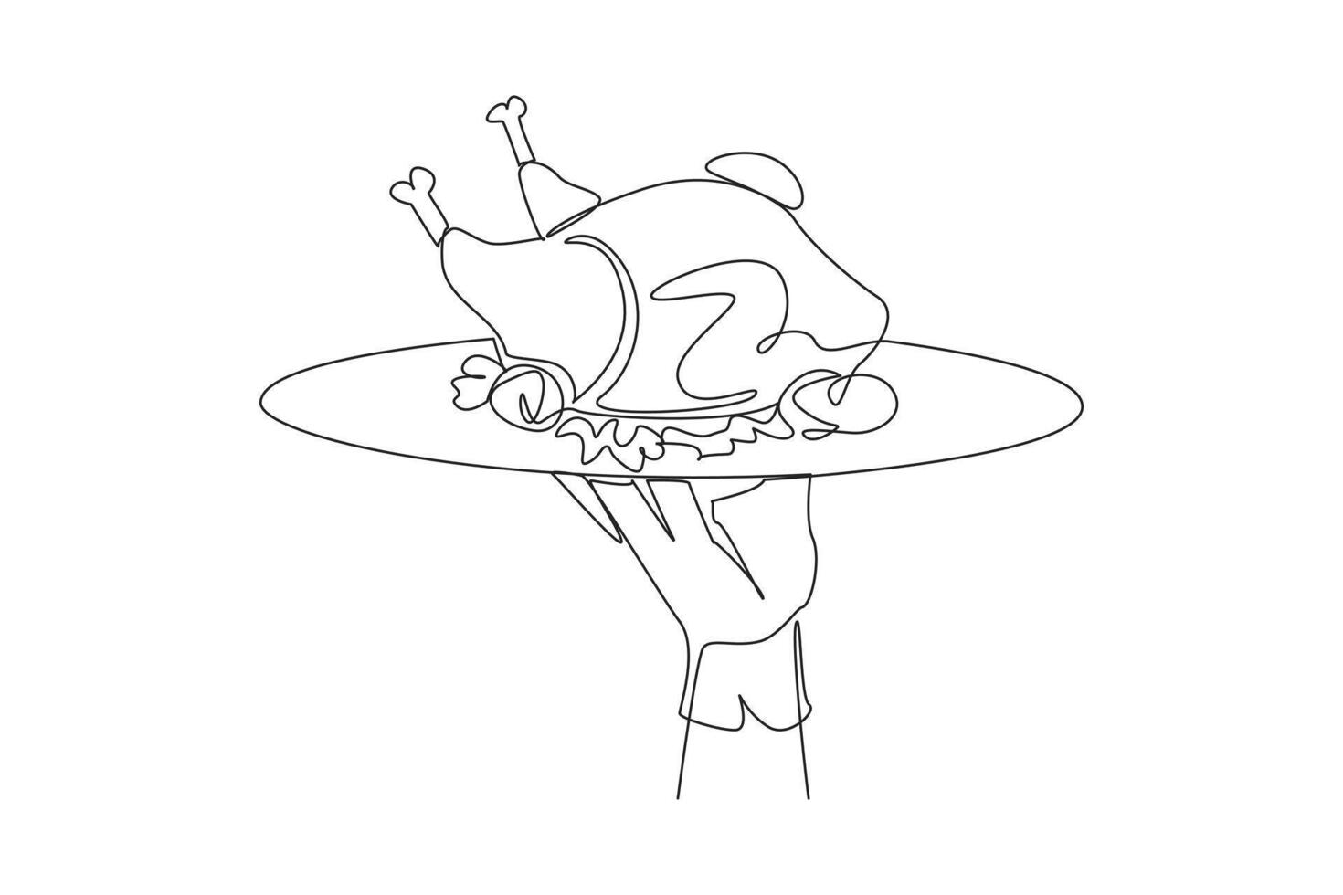 Single one line drawing the waiter holds food tray serving roast chicken. Foods that can be consumed while on a diet. Chicken with whole pieces. Delicious. Continuous line design graphic illustration vector