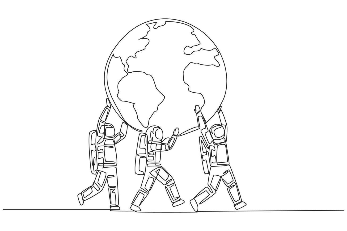 Single one line drawing group of astronauts working together to carry globe. Very successful space mission. Get back to earth as soon as possible. Spaceman. Continuous line design graphic illustration vector