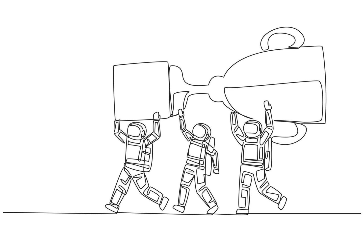 Single continuous line drawing a group of astronauts work together carrying the trophy. Win a space science competition. Beautiful memories. Cosmonaut. Spaceman. One line design illustration vector